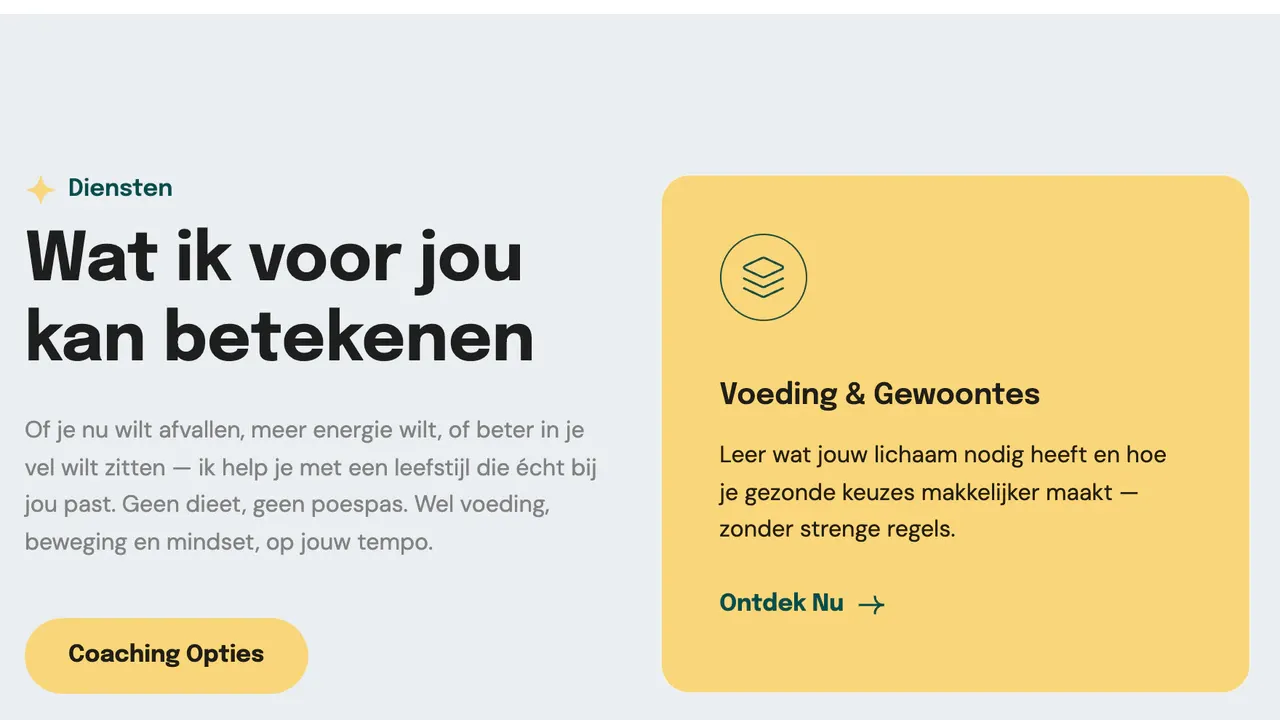 Part of the homepage of 4jezelf.nl: the services block with a Dutch heading and a card about food and habits