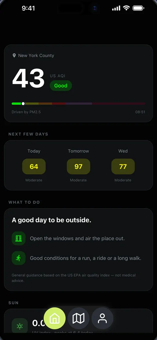 Screen of the Air Quality app: air quality 43, good, with the forecast for the coming days