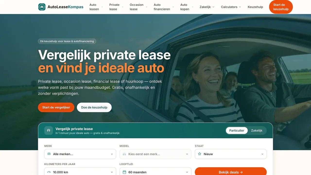 Homepage of autoleasekompas.nl: a Dutch headline about comparing private lease and a search form by make, model and term