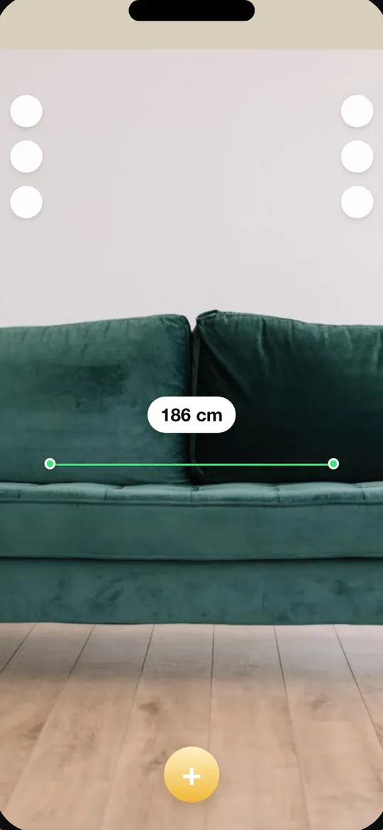 Screen of the Measure app: a sofa measured with the camera, 186 centimetres