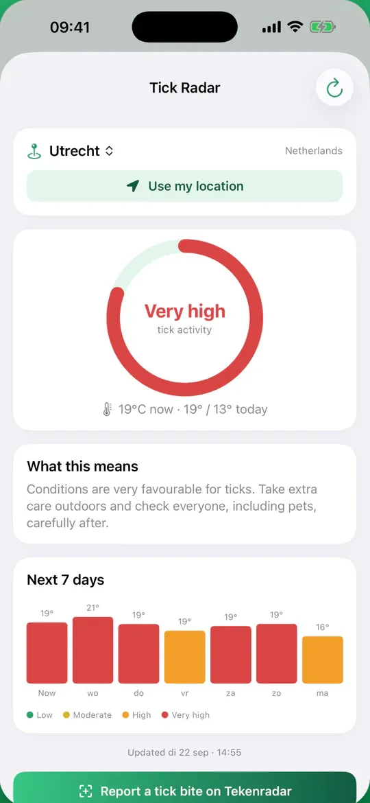 Screen of the NoTick app: the tick radar for Utrecht with the forecast for seven days