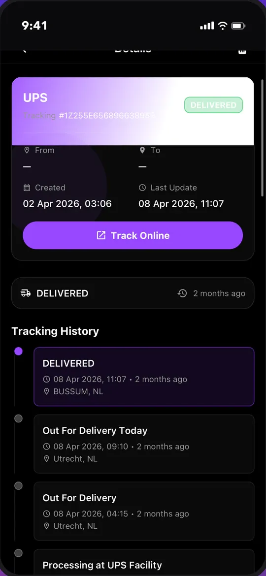 Screen of the Package Tracker app: the tracking history of a parcel delivered in Bussum