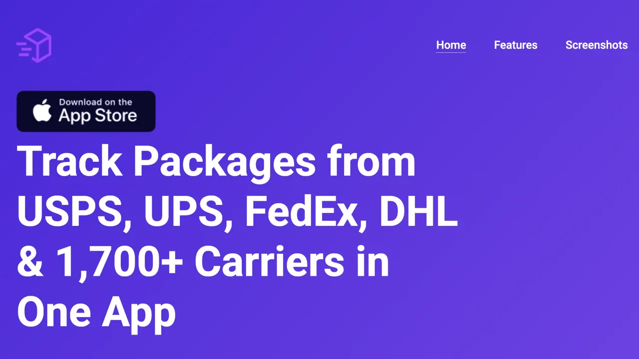 Left part of the homepage of packagetracking.app: the menu and the headline about tracking packages