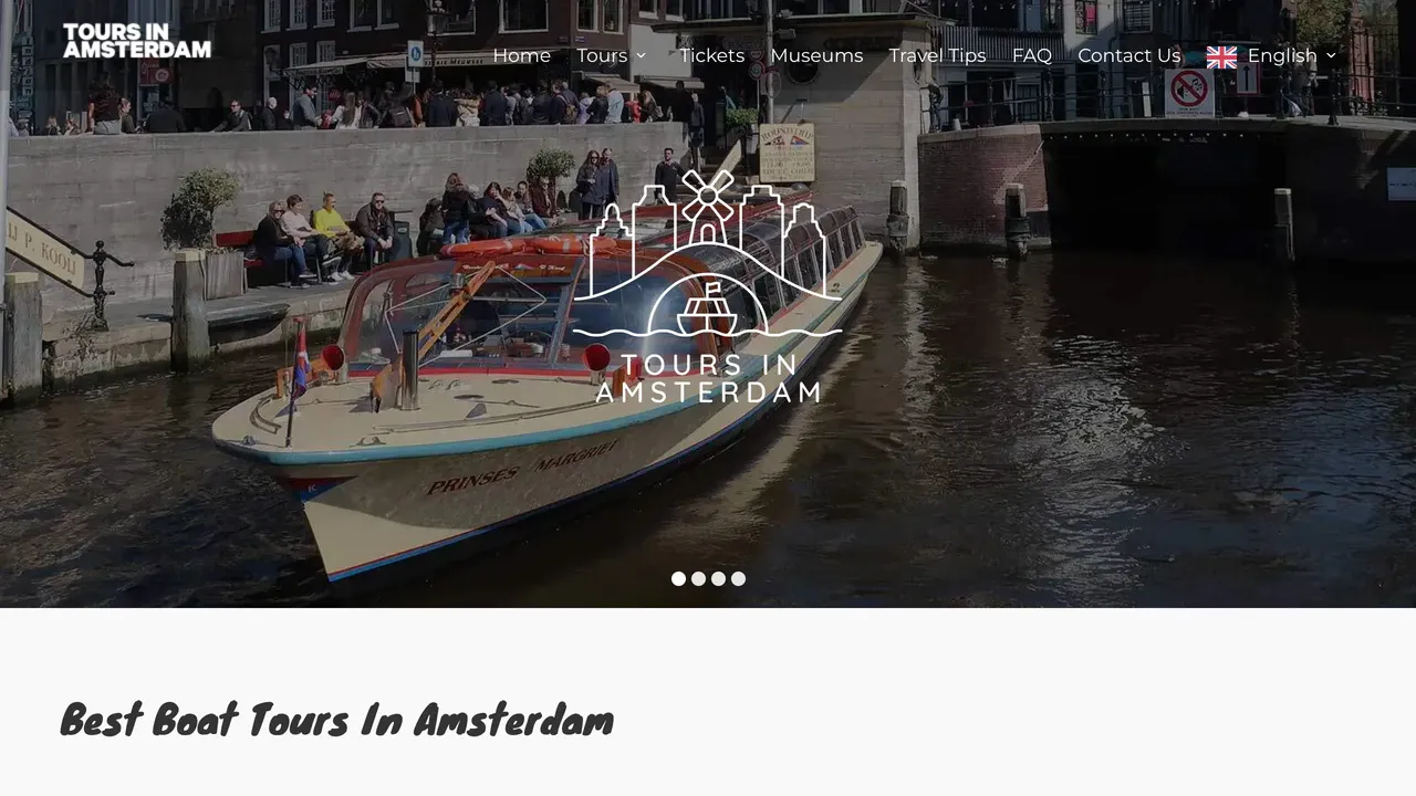 Top of the boat-tours page of toursinamsterdam.com: the menu, a photo of a canal boat in an Amsterdam canal and the heading Best Boat Tours In Amsterdam