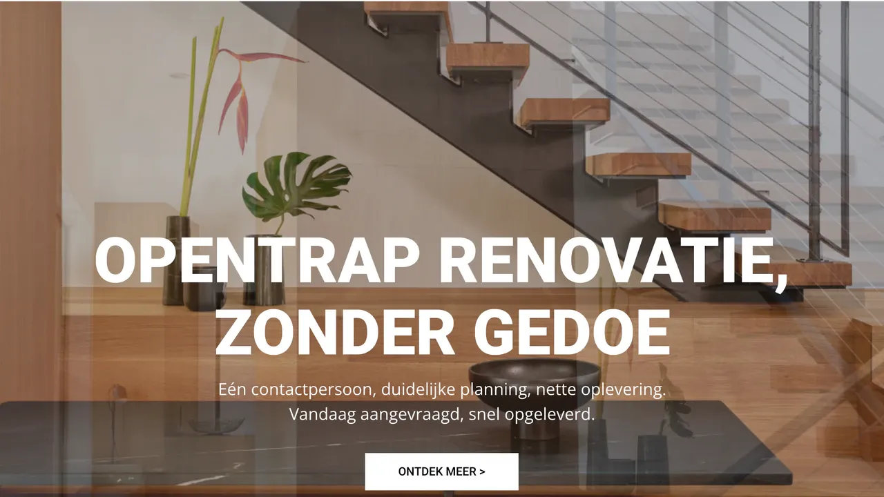 Top of the homepage of traprenovatieopentrap.nl: a photo of an open wooden staircase with a Dutch headline about staircase renovation