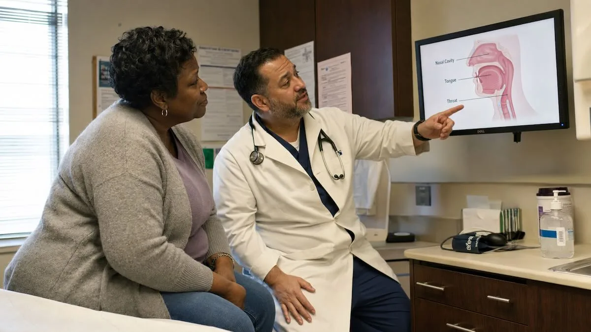 Doctor explains how GLP-1 for sleep apnea reduces airway fat to a patient.