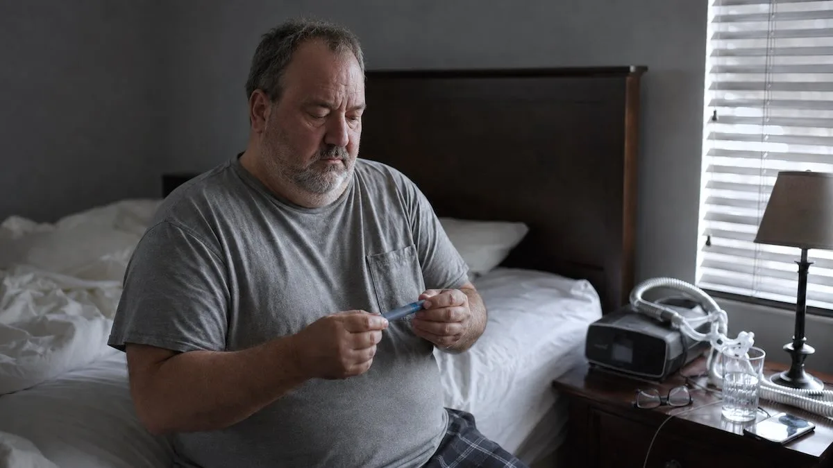 Man holding a GLP-1 injection pen for sleep apnea beside a CPAP mask on his nightstand.